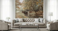 Soft European town wall mural in a modern dining room setting.