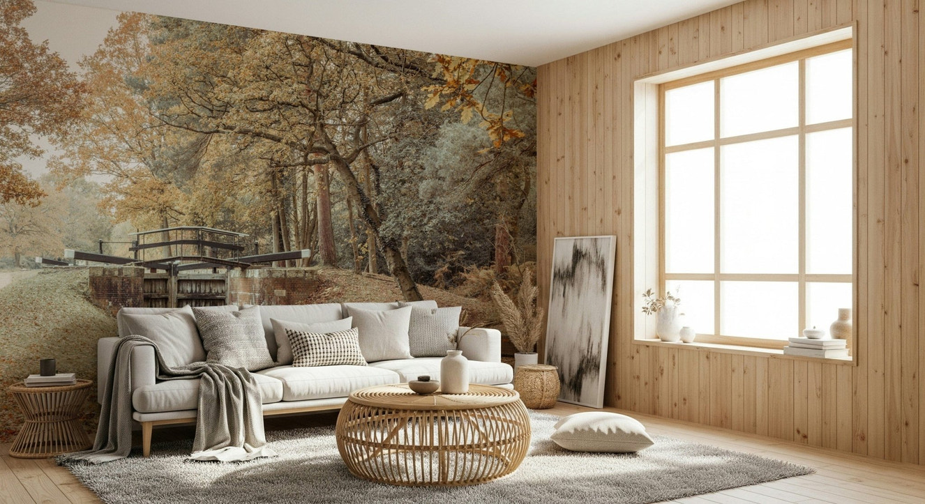 Canal's Embrace Wall Mural in a classic living room with wooden decor wallpaper.