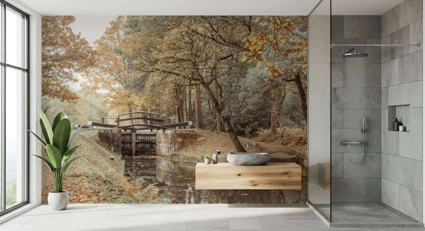Scenic waterway wall mural for a calm and airy bedroom interior.
