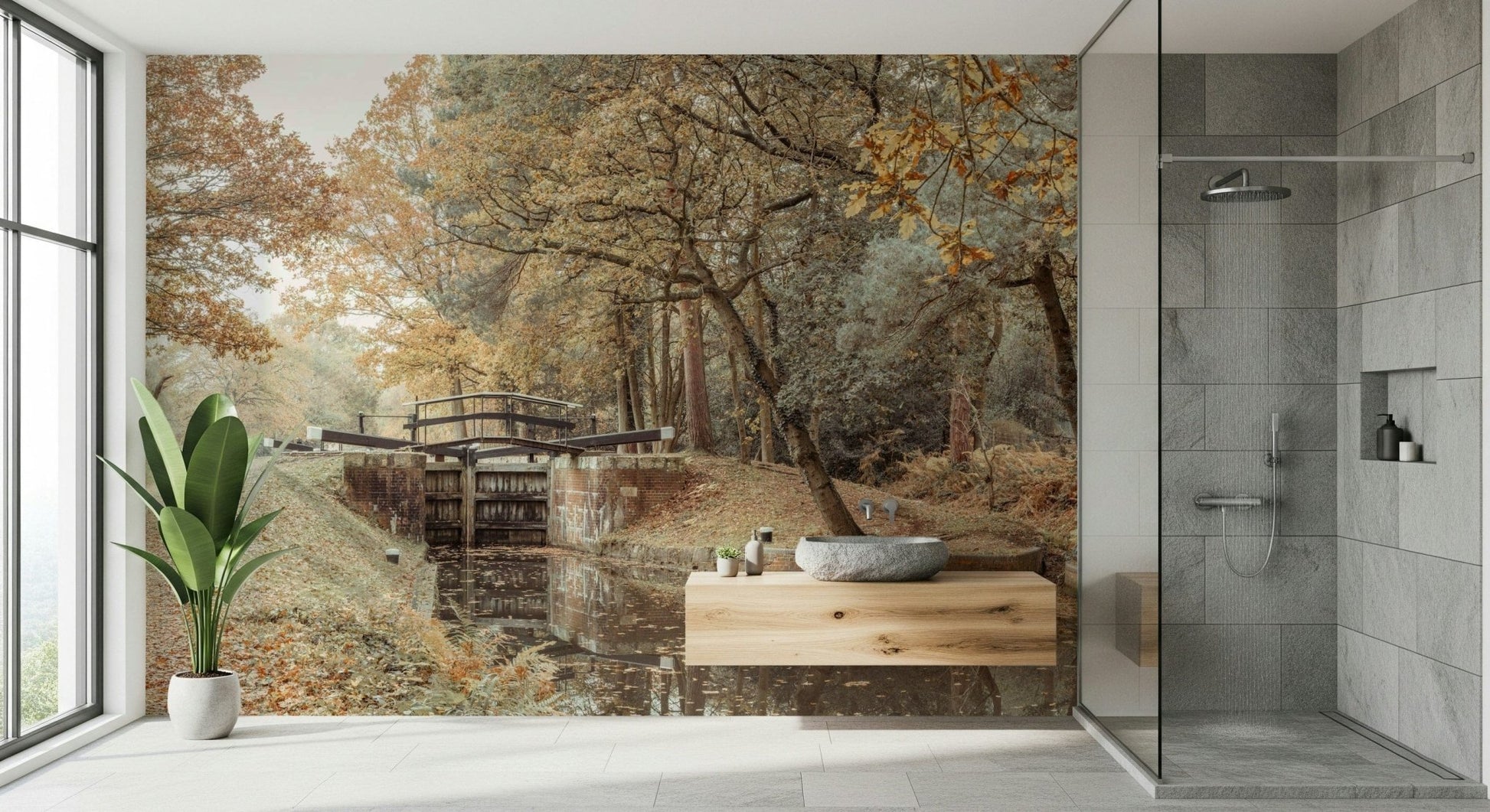 Scenic waterway wall mural for a calm and airy bedroom interior.