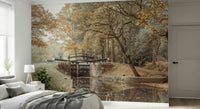 Historic canal wallpaper for a professional home office feature wall.