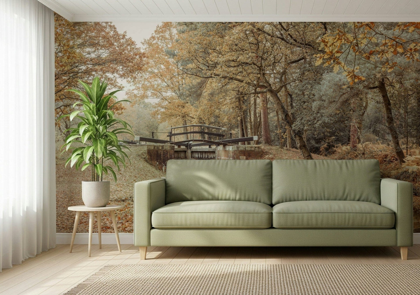 Serene river scene wall mural for a relaxing lounge atmosphere.