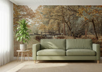 Serene river scene wall mural for a relaxing lounge atmosphere.