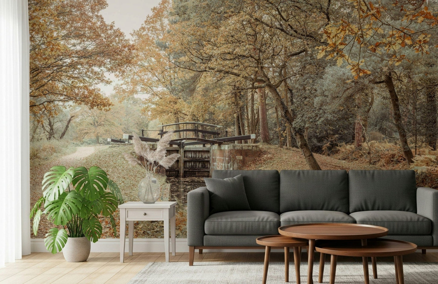 Detailed architectural wall mural in a minimalist guest room or study.