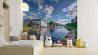 A graceful waterfront dining wall mural in bright, sunny tones.

