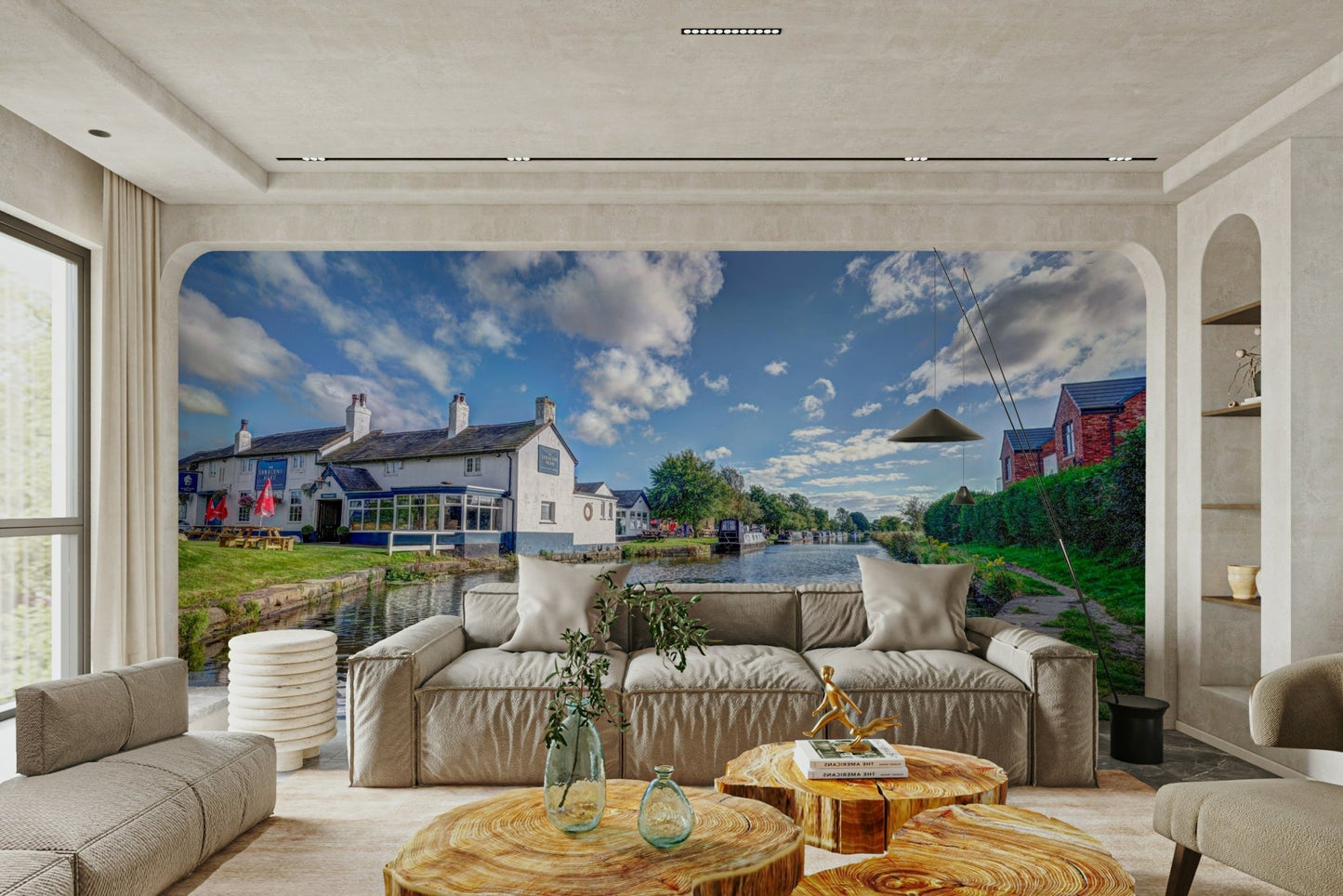 A contemplative pub exterior wallpaper mural for a feature wall.

