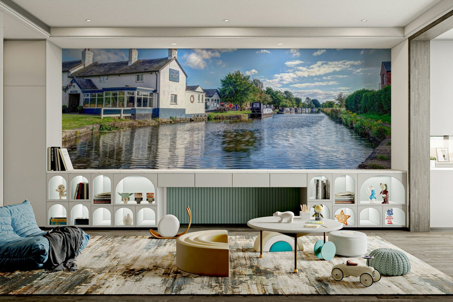 A beautiful reflective water wall mural for a living room.

