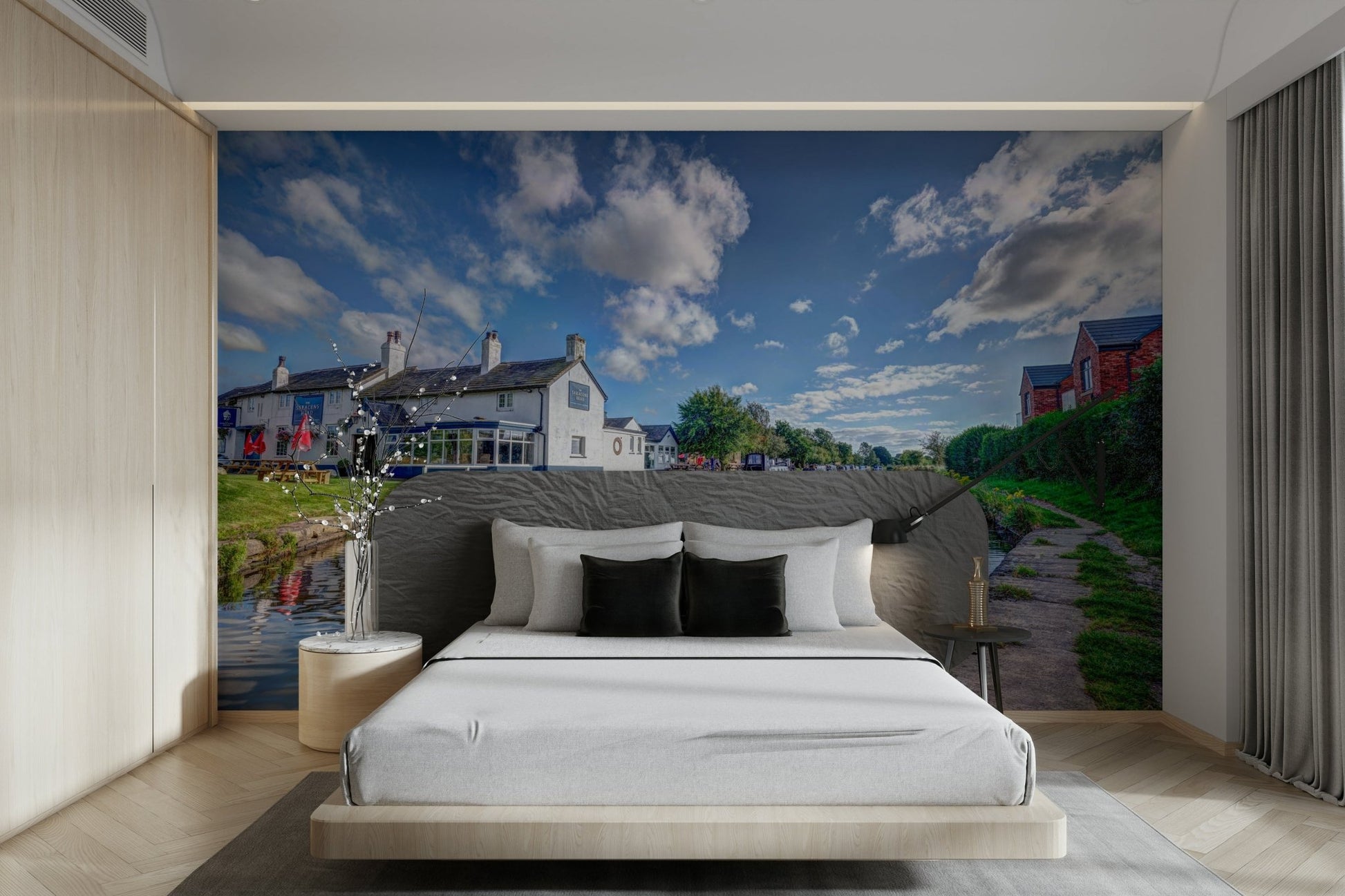 A calming British pub wallpaper mural that defines a space.

