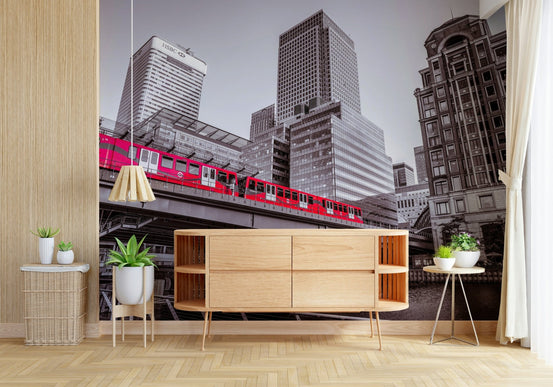 Canary Wharf, London Wall Mural with towering glass skyscrapers and dockside lights, GD6833