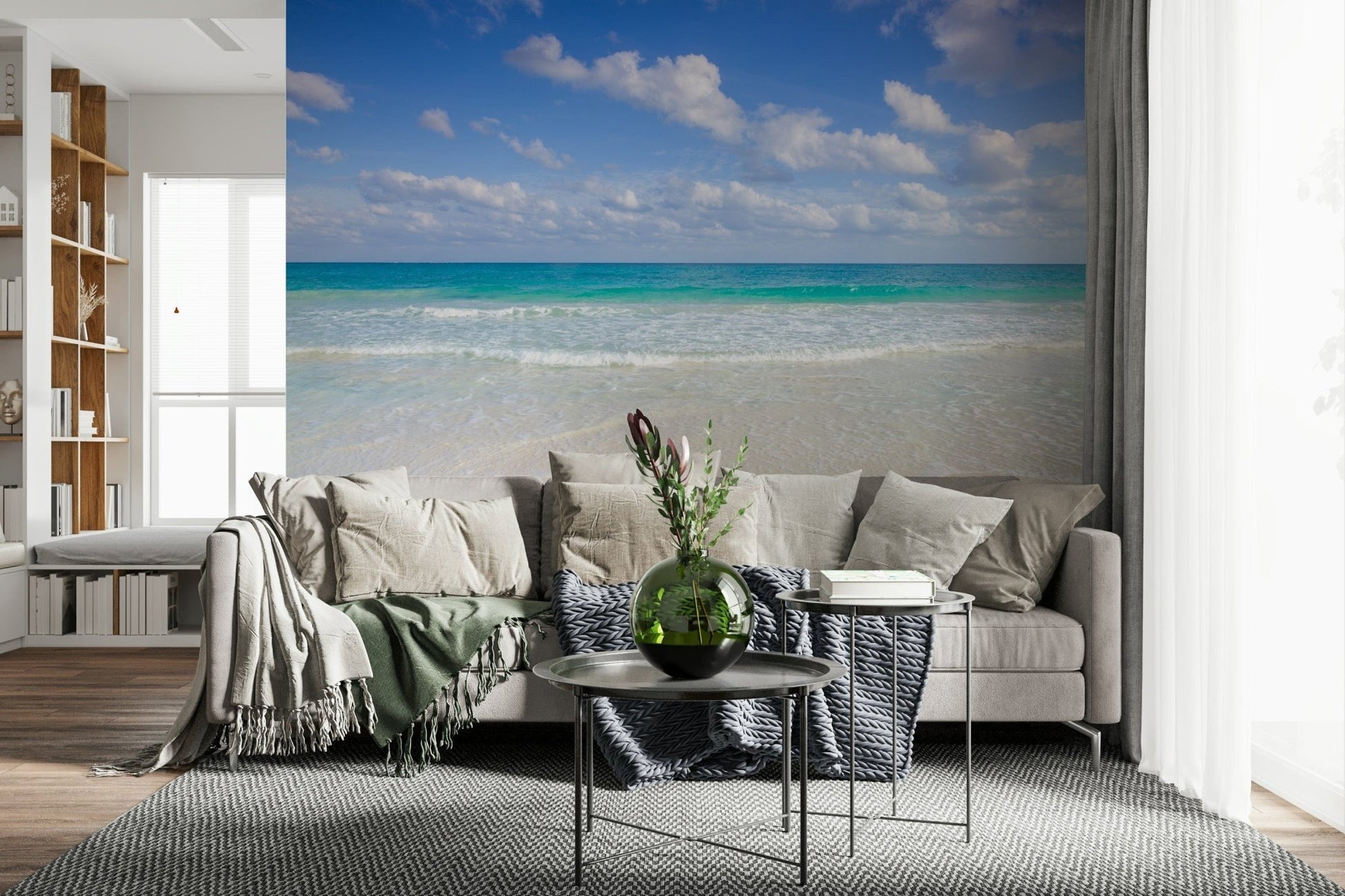 Cancun Beach Wall Mural adorning a bright, airy guest room.