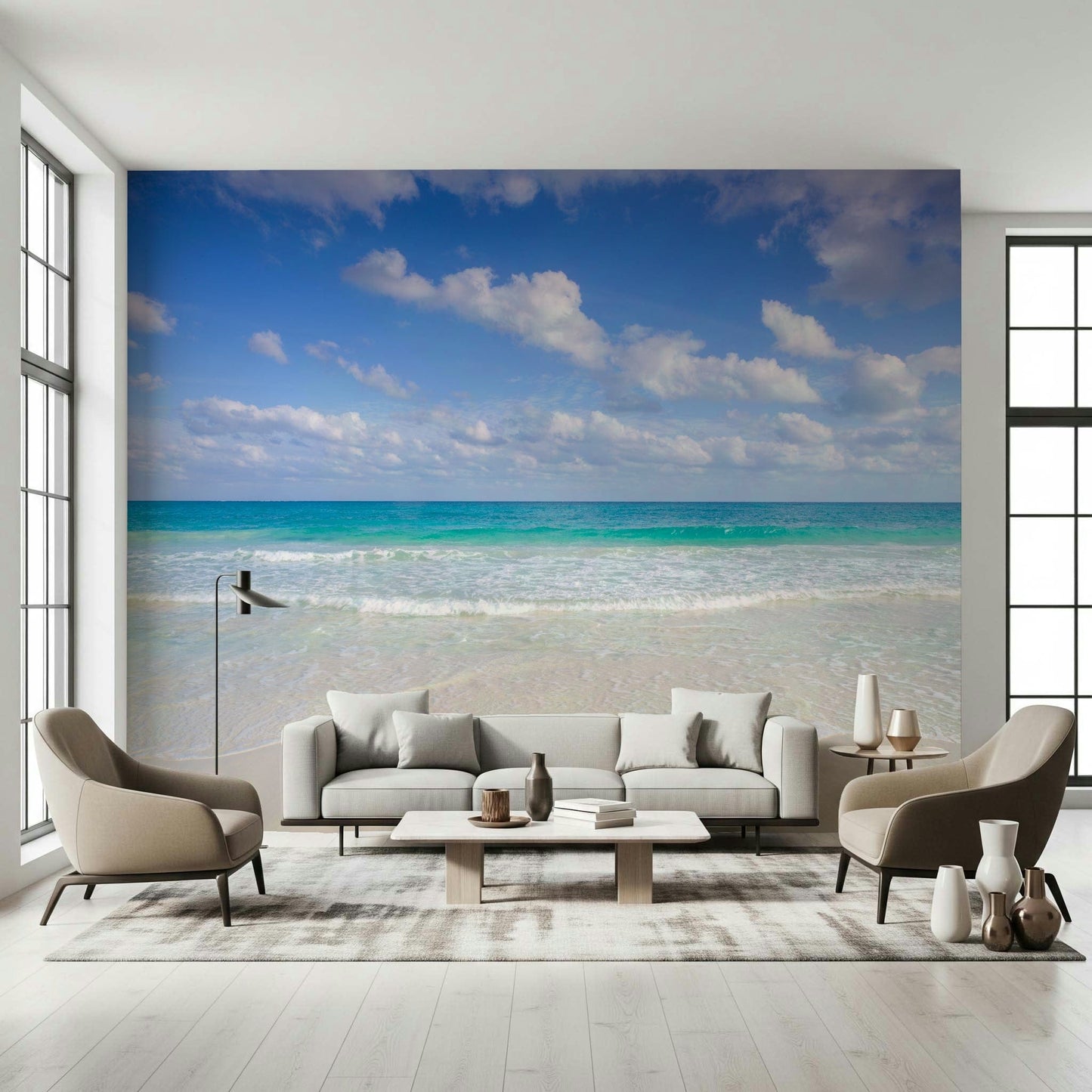 Bright living area featuring the Cancun Beach accent wall.