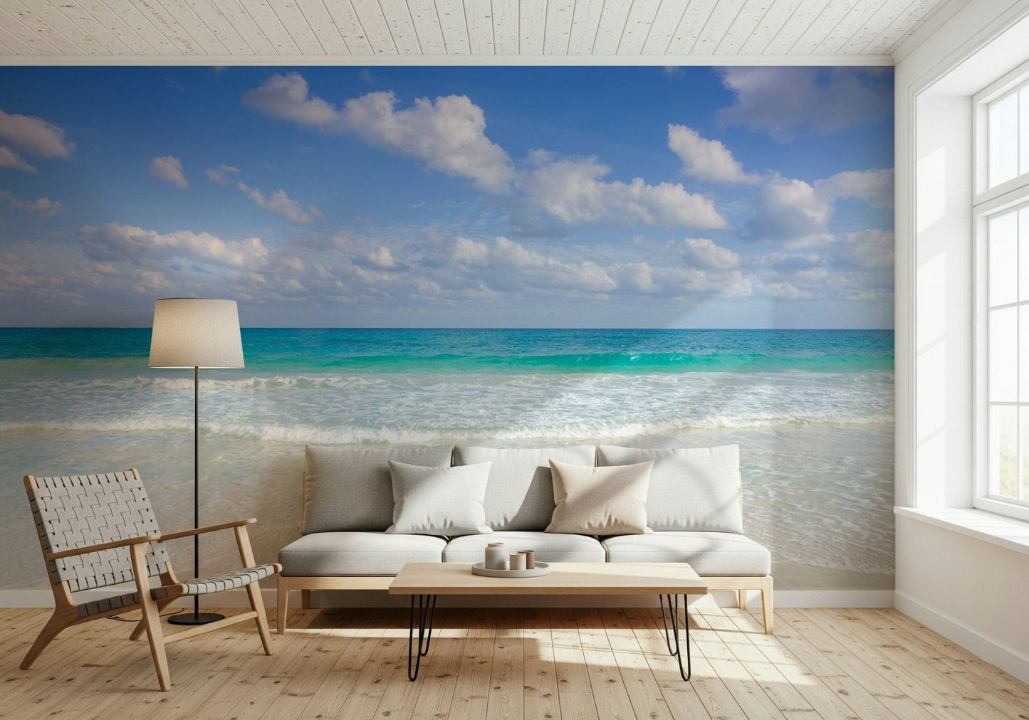 Cancun Beach peel and stick wallpaper in a cozy bedroom.