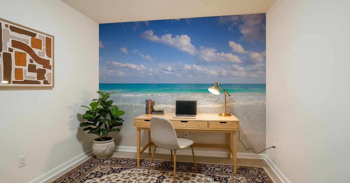 Serene coastal wallpaper for walls behind a lounge chair.