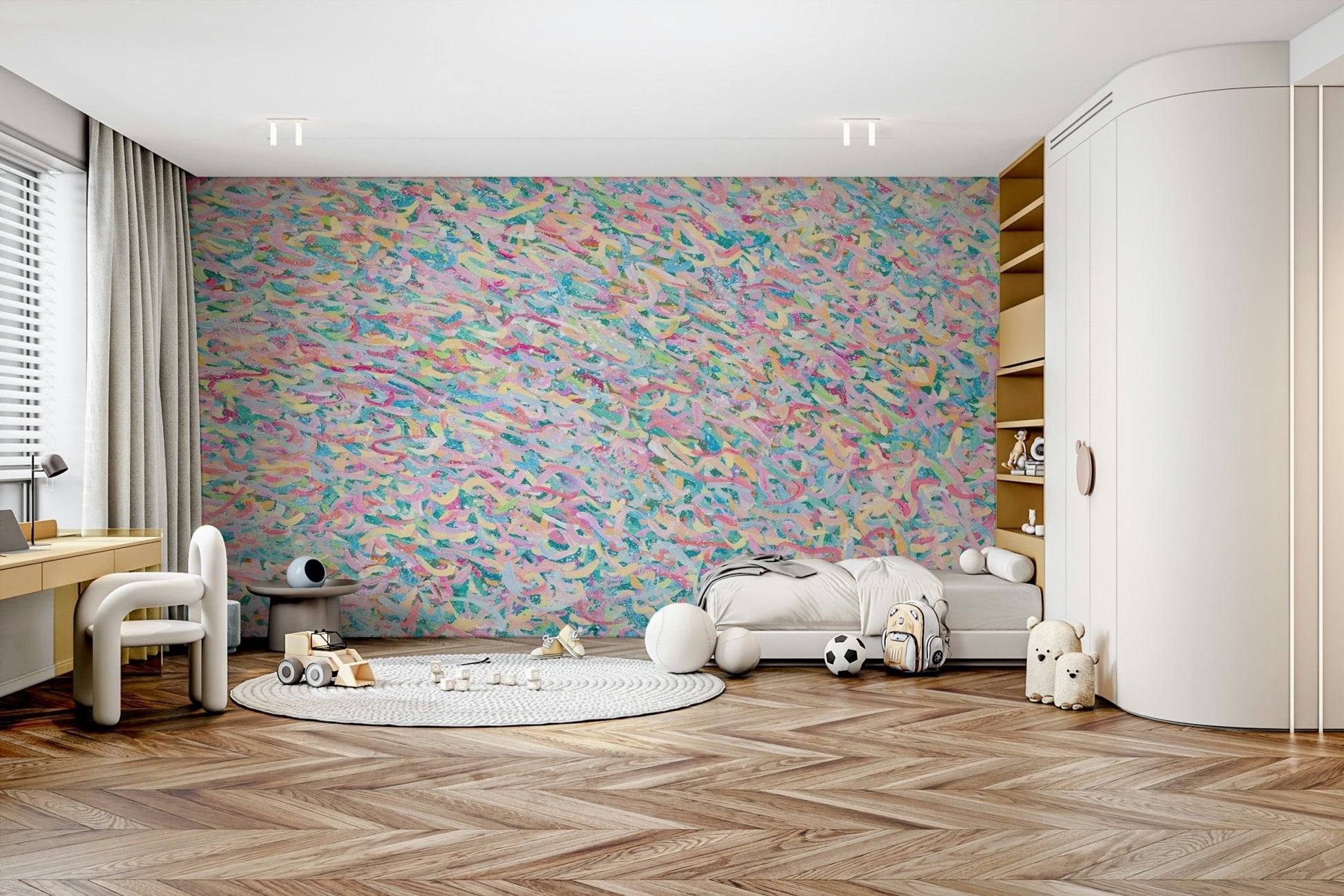 An artistic vibrant abstract mural on minimalist wallpaper.

