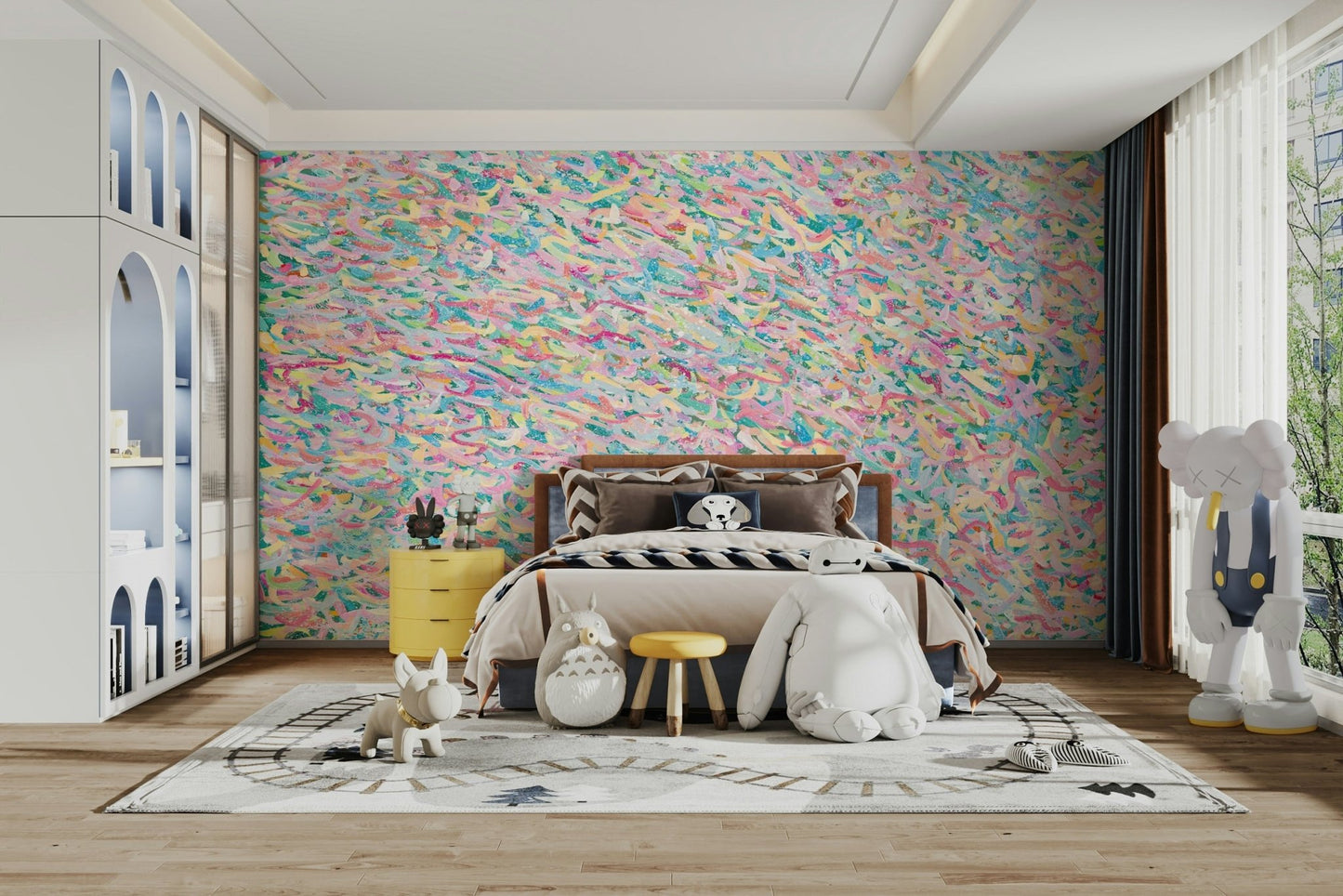 A calming colorful design wallpaper mural that defines a space.

