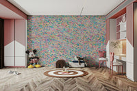 A peaceful geometric abstract mural on decorative wallpaper.

