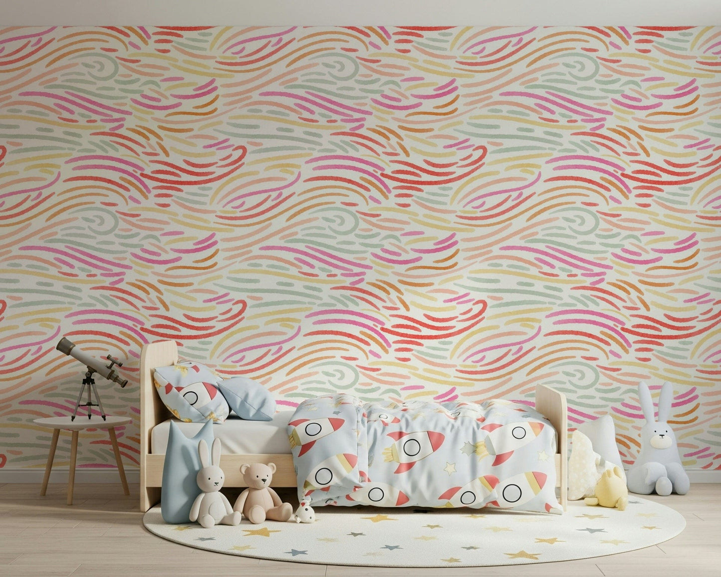 Wavy pattern Candy Pastel Strokes mural with pink and orange shapes.