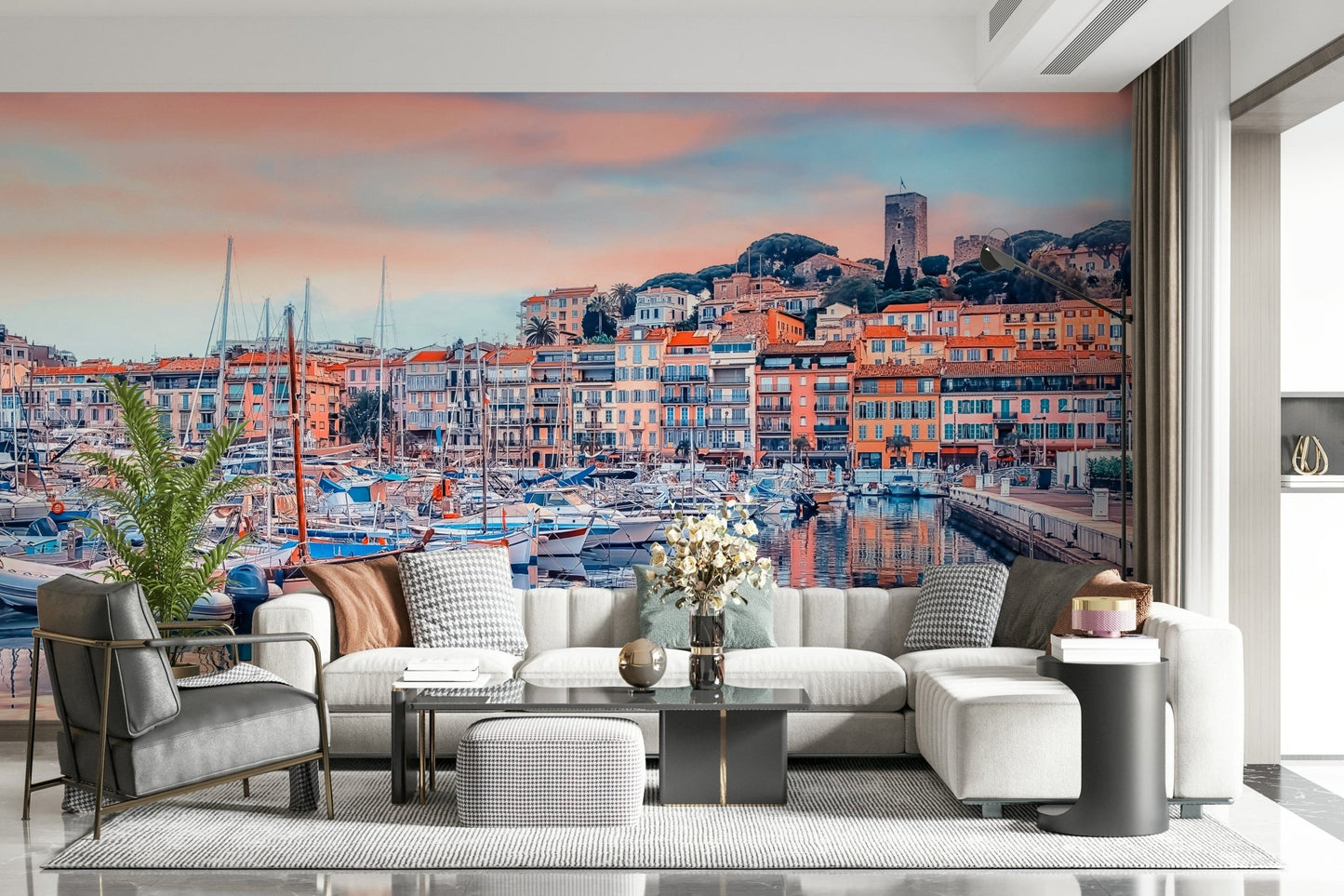 Cannes Vista Wall Mural creates a cozy harbor-view backdrop for this contemporary lounge, GD7966