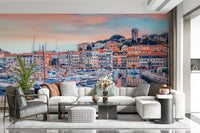 Cannes Vista Wall Mural creates a cozy harbor-view backdrop for this contemporary lounge, GD7966