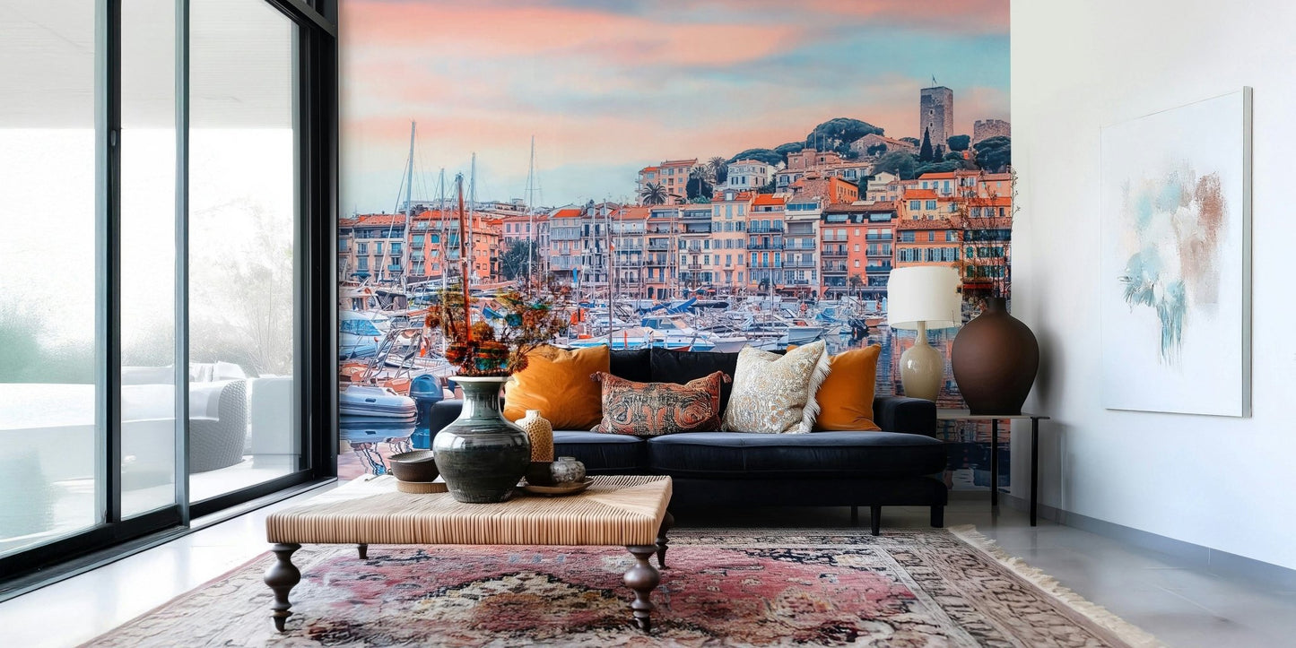 In this sitting room, Cannes Vista Wall Mural adds warm coastal color and boat detail, GD7966