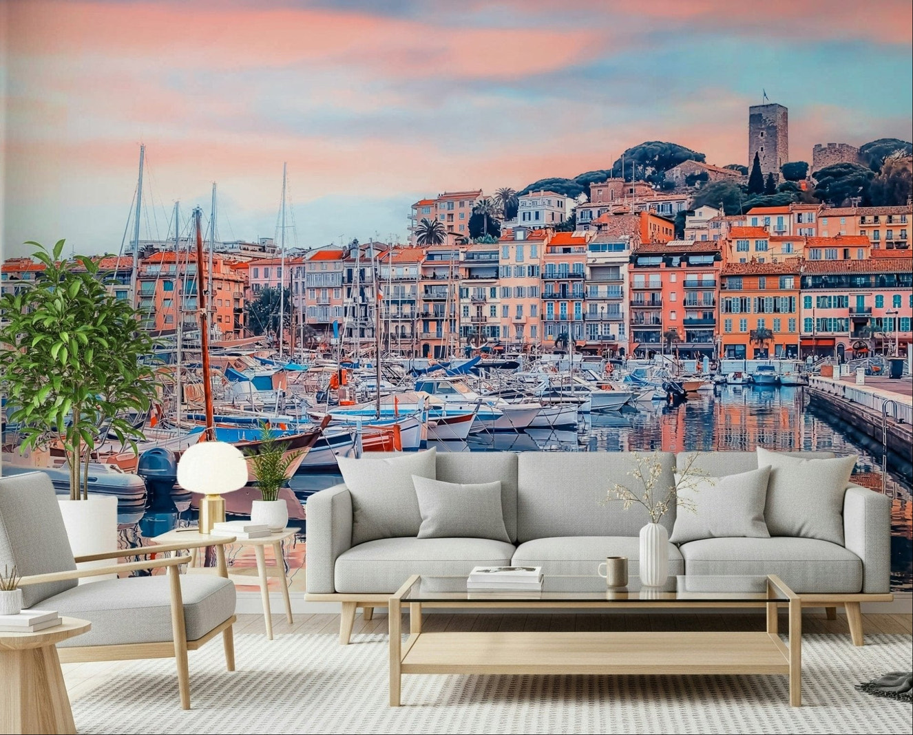 The seating area feels lighter with Cannes Vista Wall Mural and still-water reflections