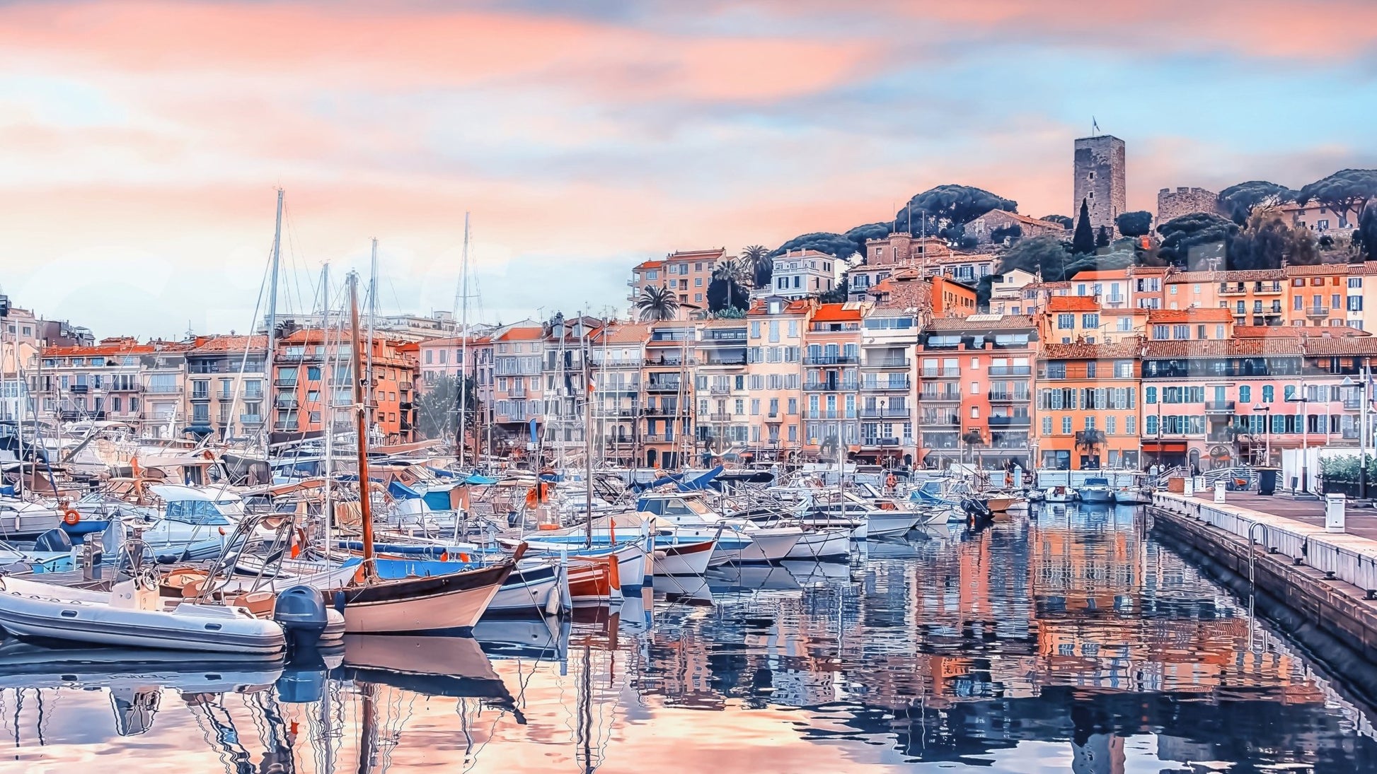 Cannes Vista Wall Mural with pastel harbor buildings and sunset marina reflections, GD7966