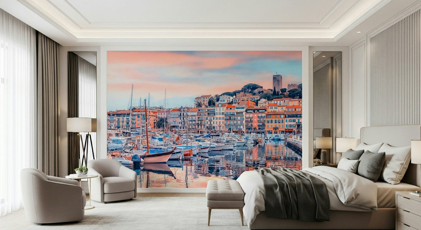 Cannes Vista Wall Mural gives this bedroom a soft harbor-town backdrop at sunset, GD7966
