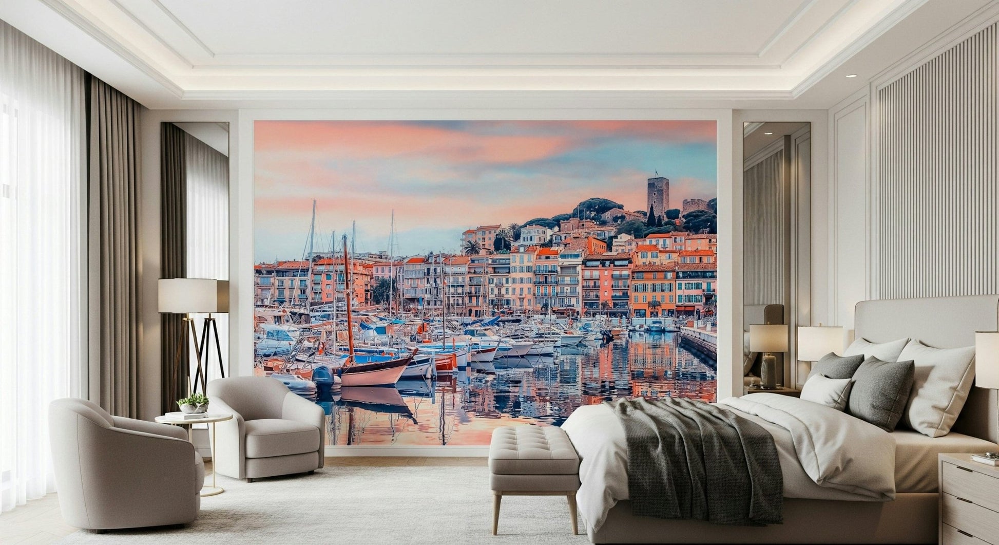 Cannes Vista Wall Mural gives this bedroom a soft harbor-town backdrop at sunset, GD7966
