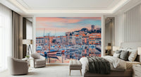Cannes Vista Wall Mural gives this bedroom a soft harbor-town backdrop at sunset, GD7966