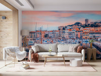 Cannes Vista Wall Mural adds waterfront charm to the room with pastel boats and sky, GD7966