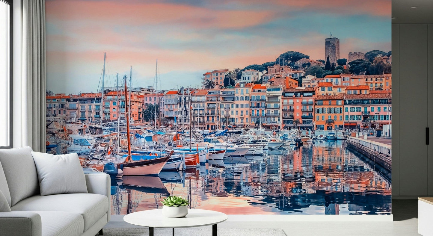 A relaxed living area paired with Cannes Vista Wall Mural and mirrored waterfront lines, GD7966