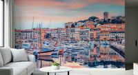 A relaxed living area paired with Cannes Vista Wall Mural and mirrored waterfront lines, GD7966