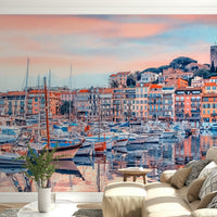 A sunlit lounge anchored by Cannes Vista Wall Mural and pastel marina reflections, GD7966