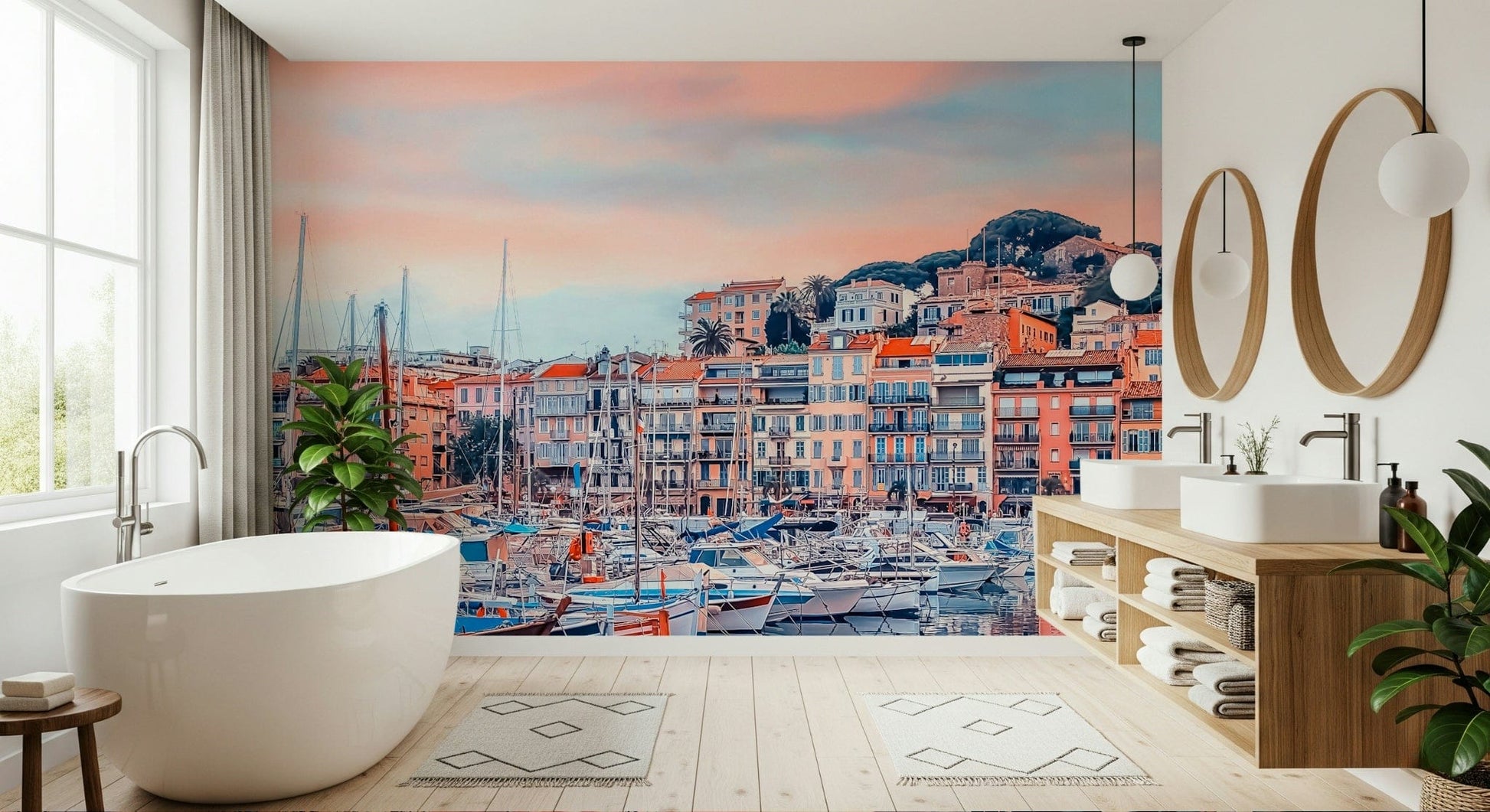 Cannes Vista Wall Mural brings a scenic marina outlook into this bright bathroom, GD7966