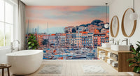 Cannes Vista Wall Mural brings a scenic marina outlook into this bright bathroom, GD7966