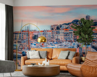 A modern living room softened by Cannes Vista Wall Mural and glowing marina tones, GD7966