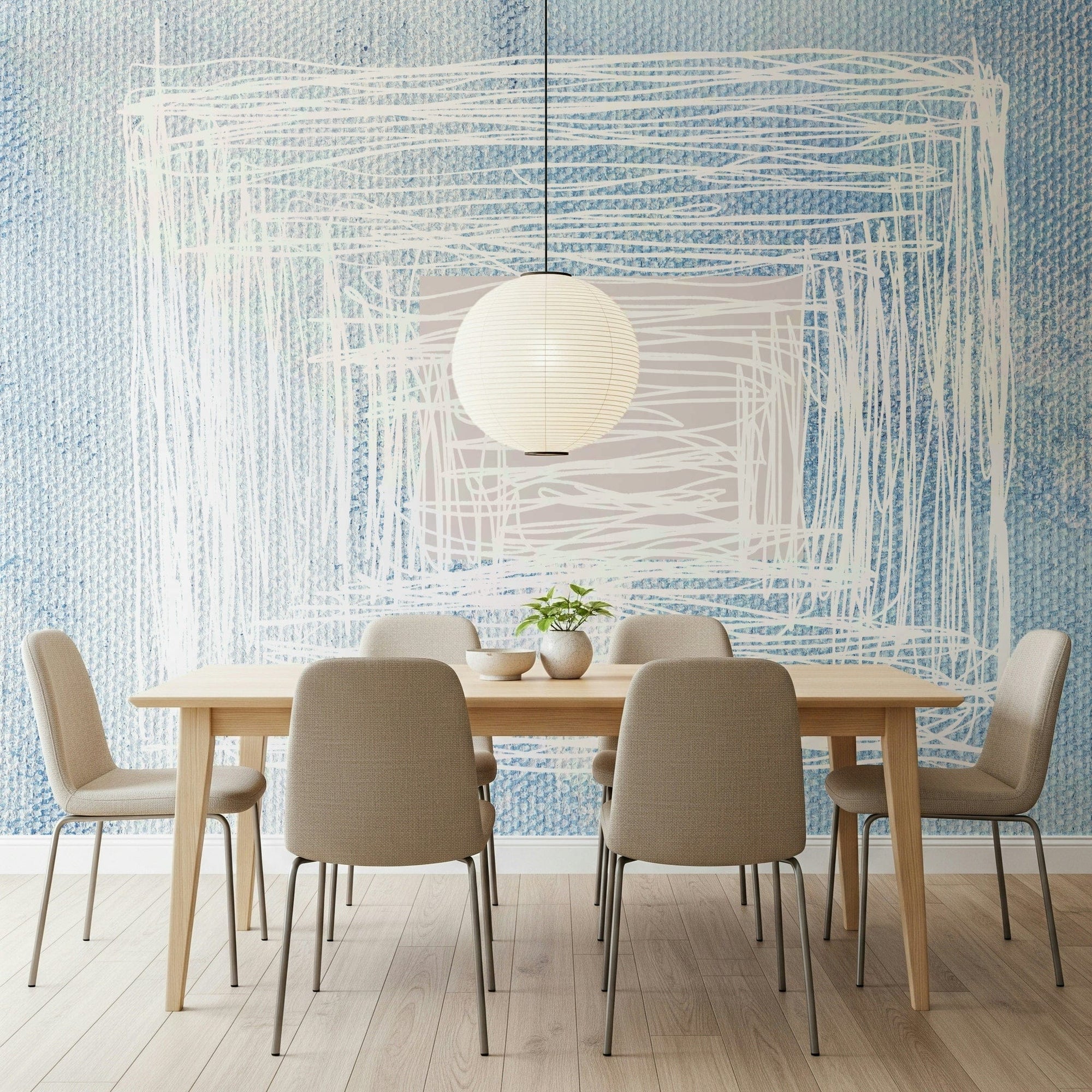 Textured blue and pink wall mural complementing a quiet dining space., GD5491