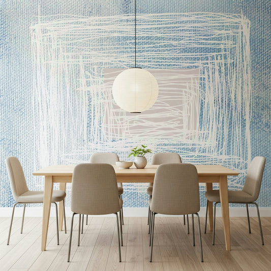 Textured blue and pink wall mural complementing a quiet dining space.