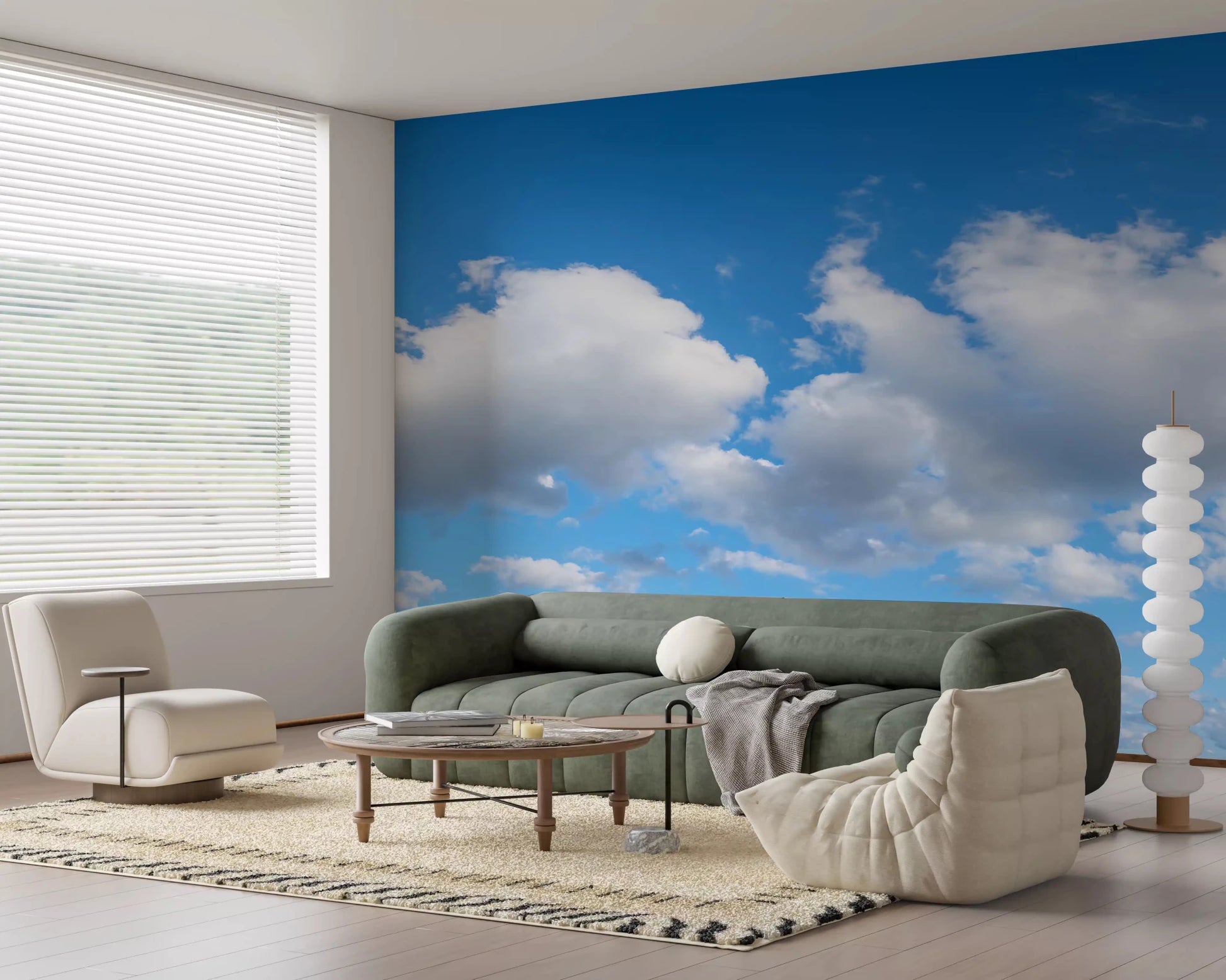 Living room with Canvas of Calm Skies Wall Mural and soft serene cloud views, GD8890