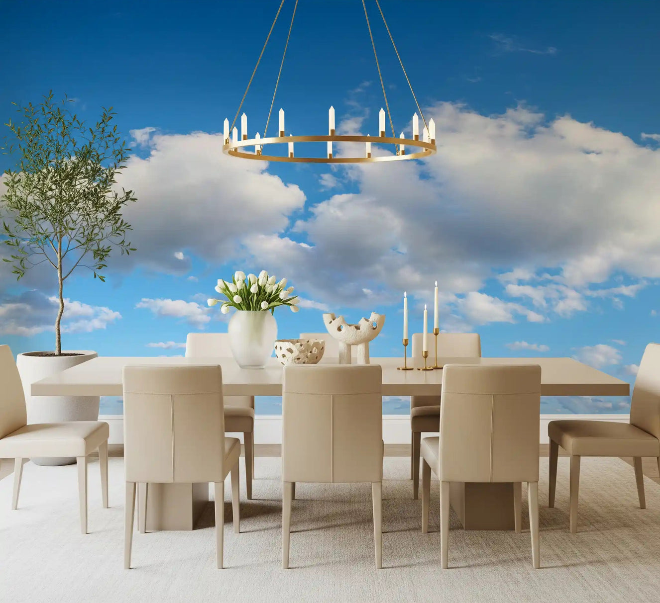 Dining room with Canvas of Calm Skies Wall Mural and bright cloud-filled blue skies