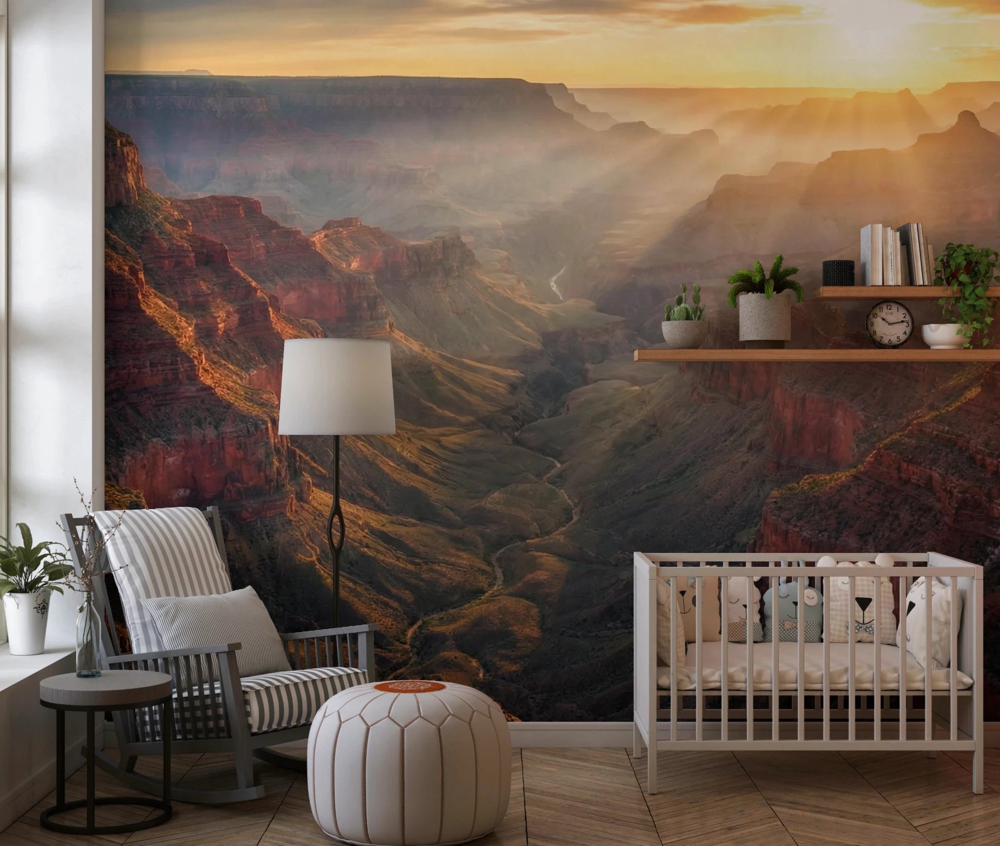 Nursery corner styled with Canyon Sunrise Majesty Wall Mural and warm sunrise tones, GD8675