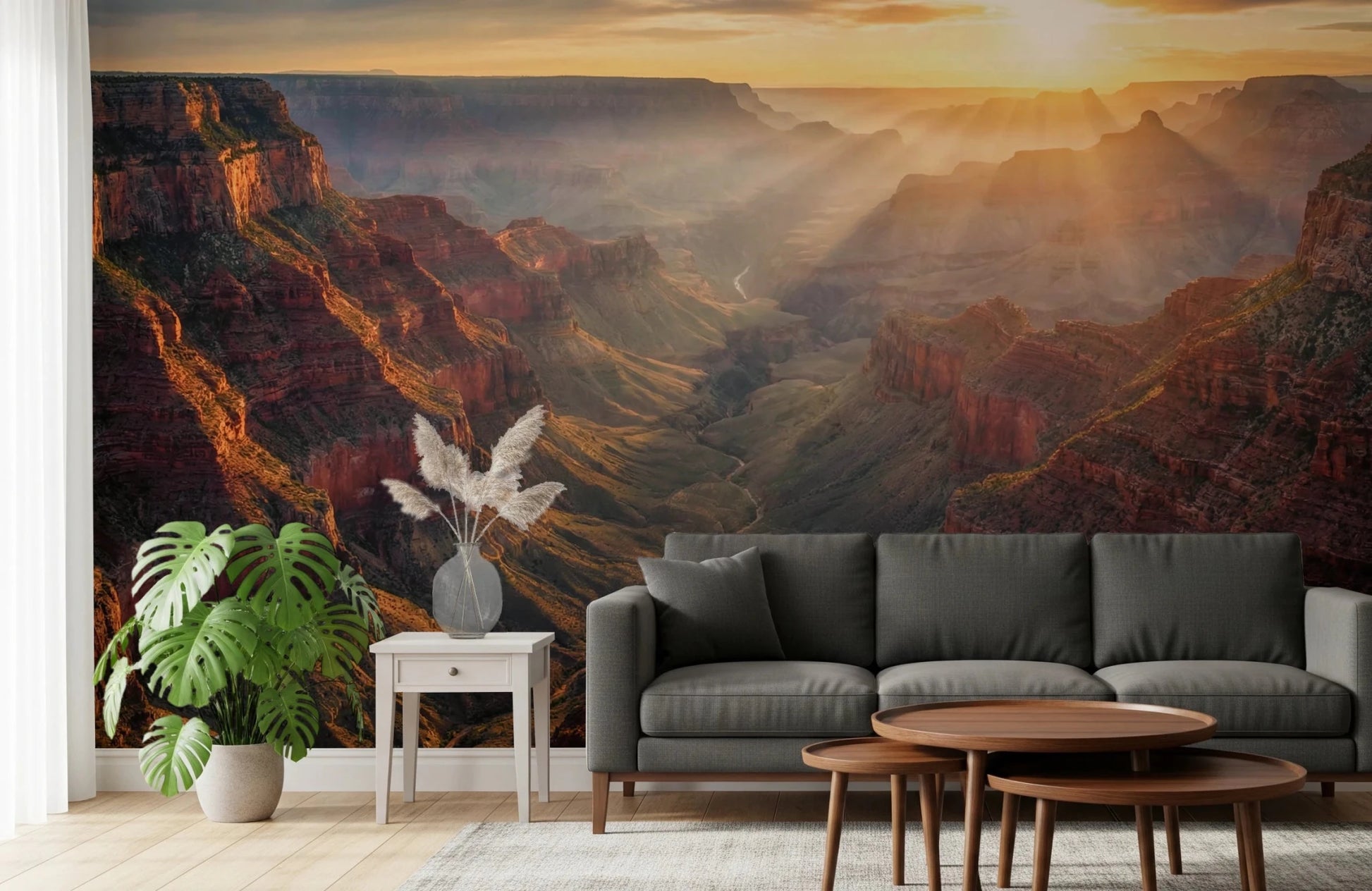 Sofa corner enriched with Canyon Sunrise Majesty Wall Mural and dramatic landscape tones, GD8675