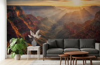 Sofa corner enriched with Canyon Sunrise Majesty Wall Mural and dramatic landscape tones, GD8675