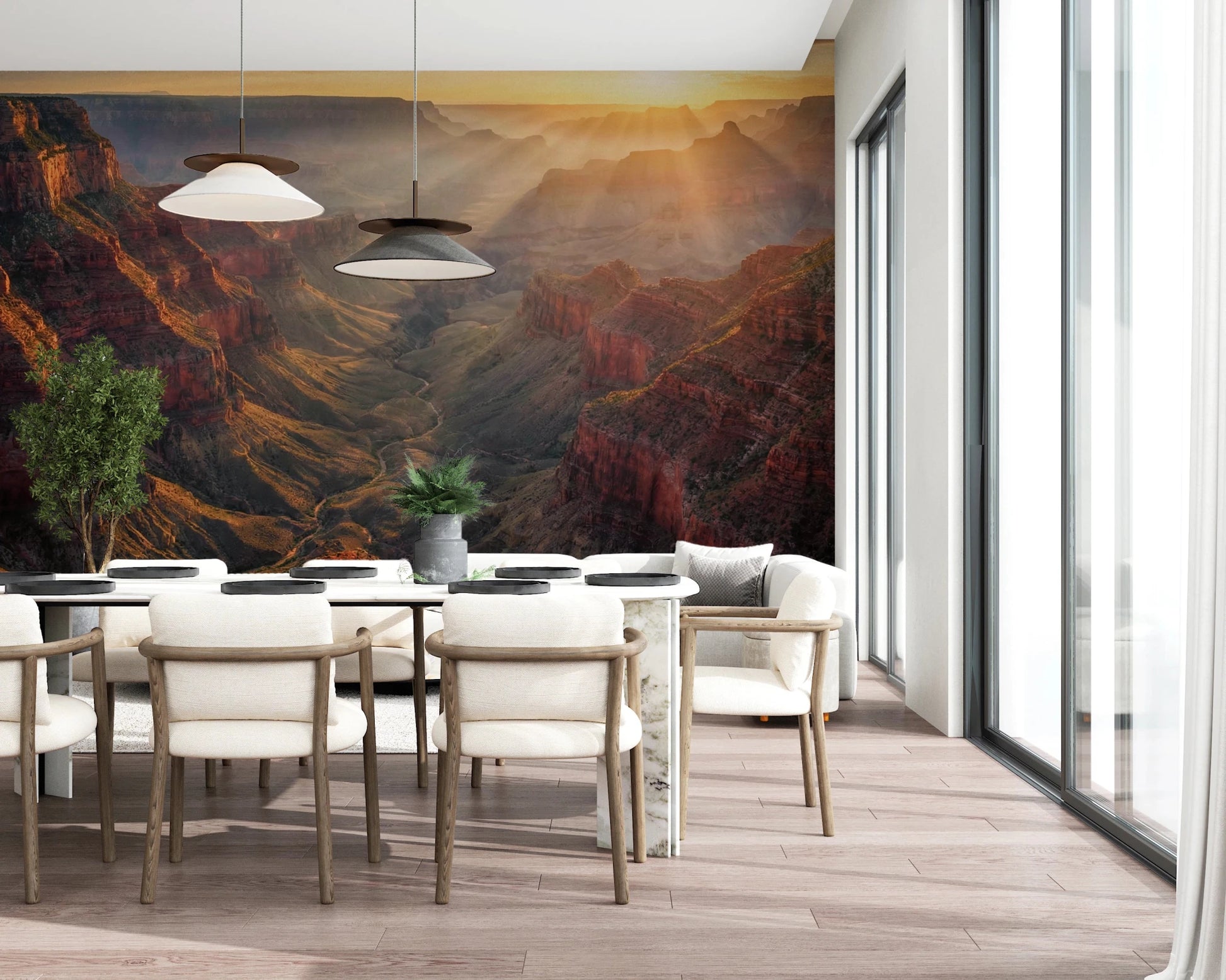 Dining space opened visually by Canyon Sunrise Majesty Wall Mural and canyon horizon, GD8675