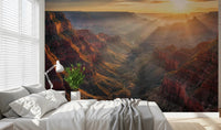 Low bed area framed by Canyon Sunrise Majesty Wall Mural and scenic mountain layers, GD8675