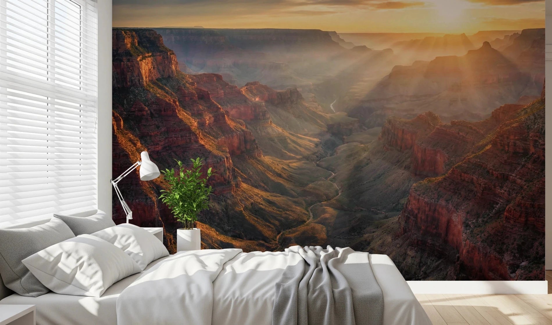 Low bed area framed by Canyon Sunrise Majesty Wall Mural and scenic mountain layers, GD8675