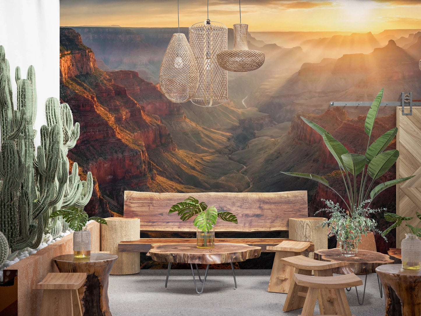 Earthy seating sits naturally beside Canyon Sunrise Majesty Wall Mural in this room, GD8675
