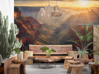 Earthy seating sits naturally beside Canyon Sunrise Majesty Wall Mural in this room, GD8675