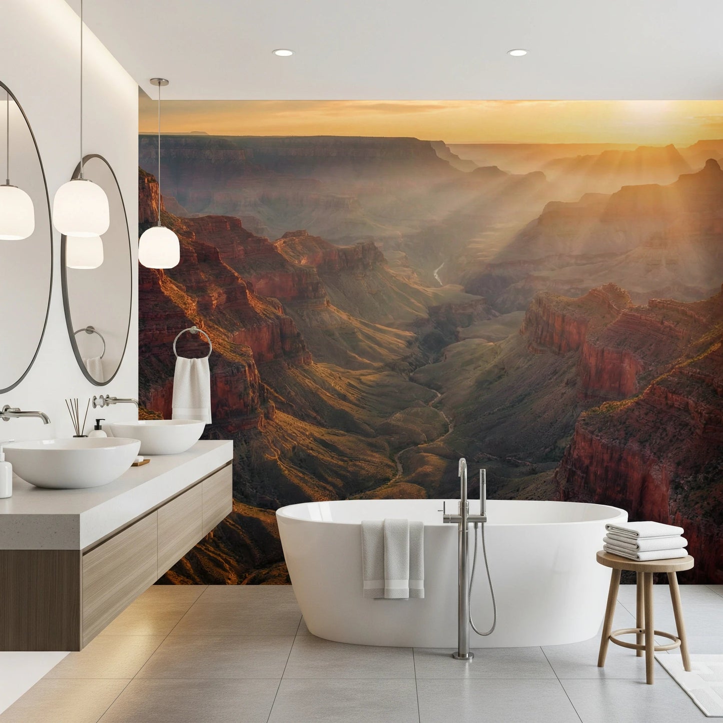Bathroom transformed by Canyon Sunrise Majesty Wall Mural and glowing ridge views, GD8675