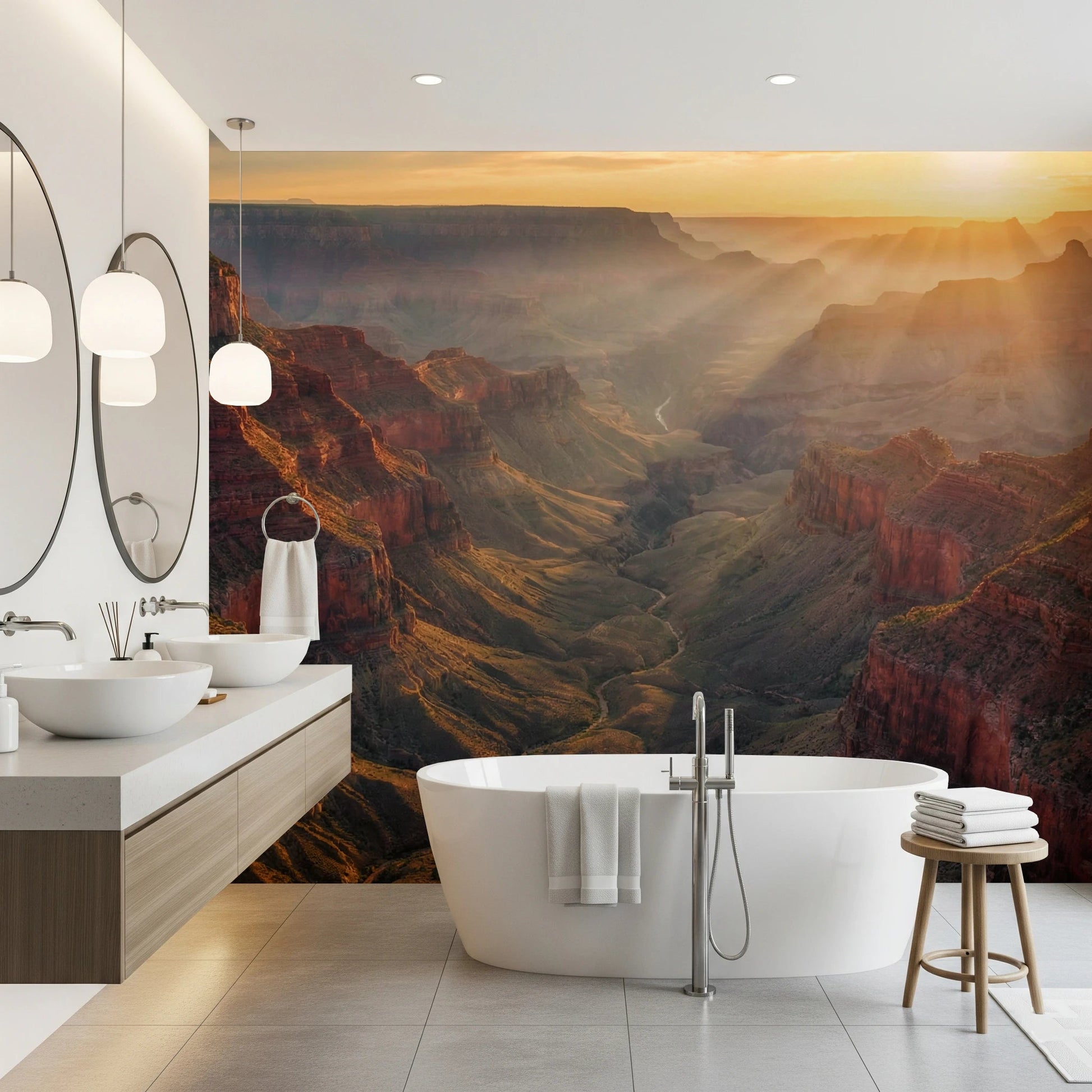 Bathroom transformed by Canyon Sunrise Majesty Wall Mural and glowing ridge views, GD8675